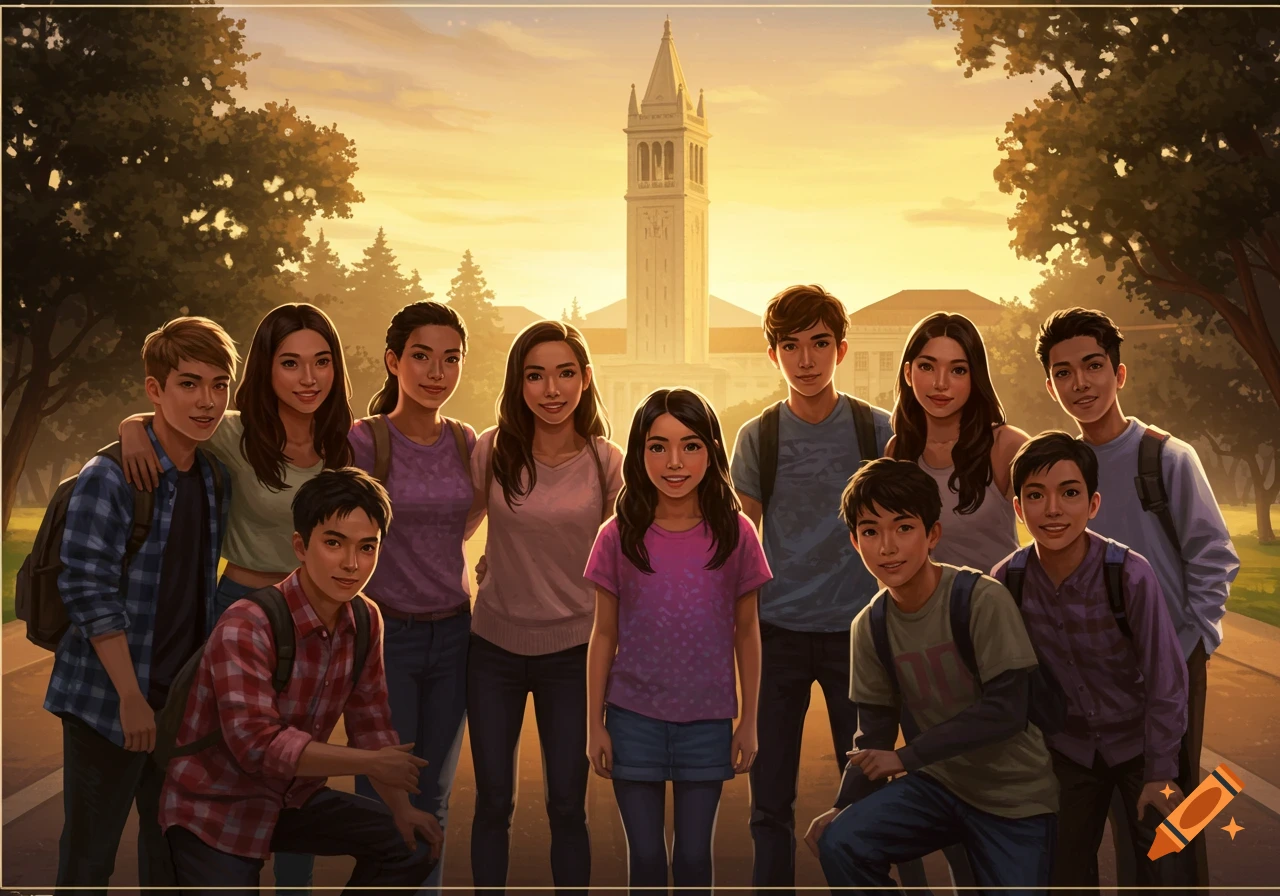 Digital illustration of a group of diverse young people posing on a university campus with a prominent tower and sunset sky.