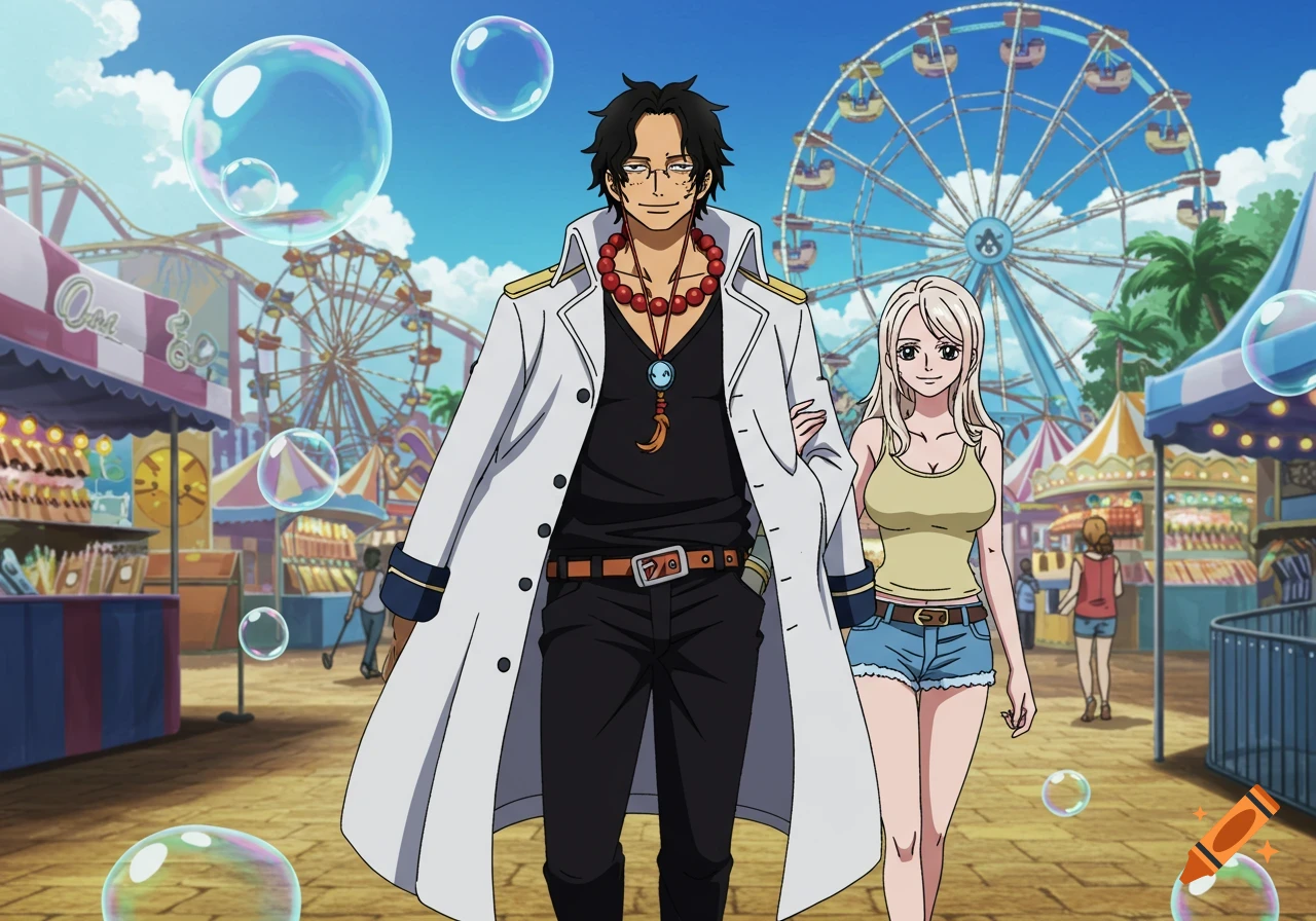 Anime characters, a man in a white coat and a woman in a tank top, walk through an amusement park with a Ferris wheel and bubbles.