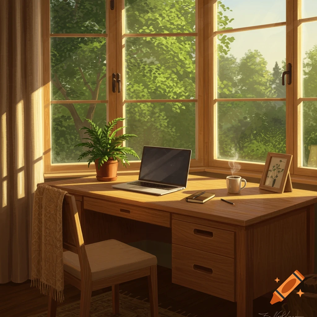 Cozy wooden desk with laptop, plant, and coffee, bathed in warm sunlight from a large window overlooking green trees, digital painting.