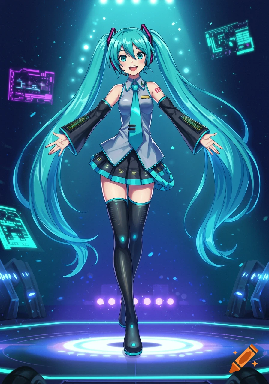 A full-body anime illustration of Hatsune Miku with long teal pigtails, wearing a grey shirt, blue tie, black skirt, and thigh-high boots, standing on a glowing stage surrounded by holographic screens.