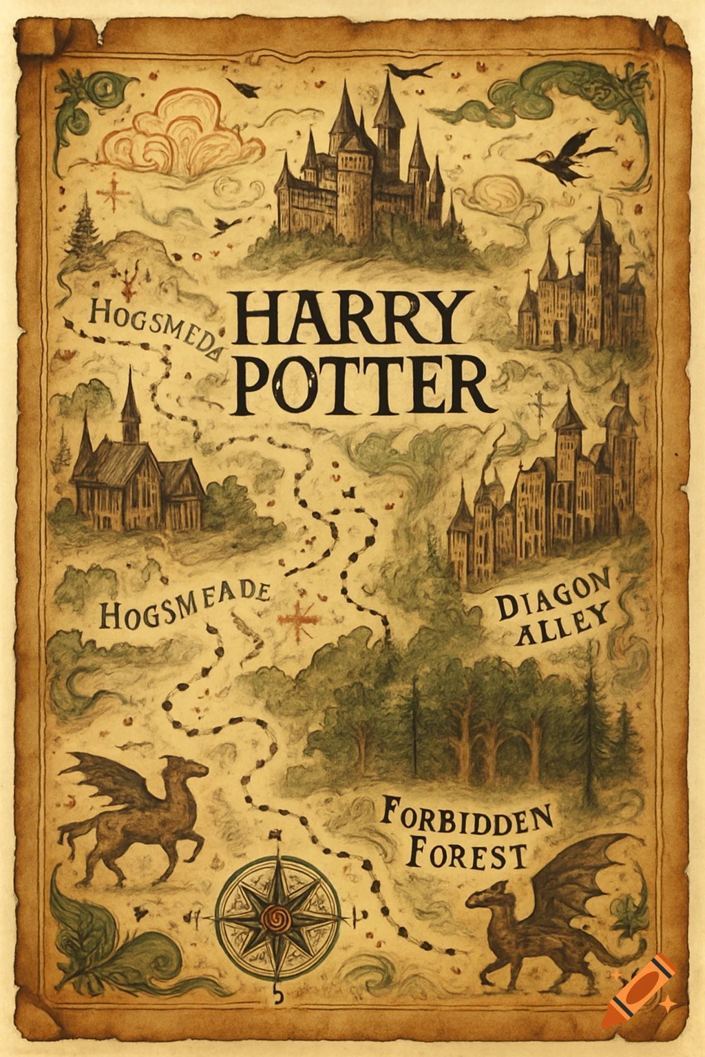 Vintage map of the Harry Potter world, showing Hogwarts, Hogsmeade, Diagon Alley, Forbidden Forest, and mythical creatures.