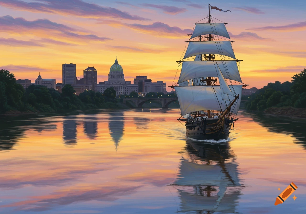 A sailing ship on a river at sunset, with a city skyline featuring a domed capitol building and a bridge in the background. Painting.