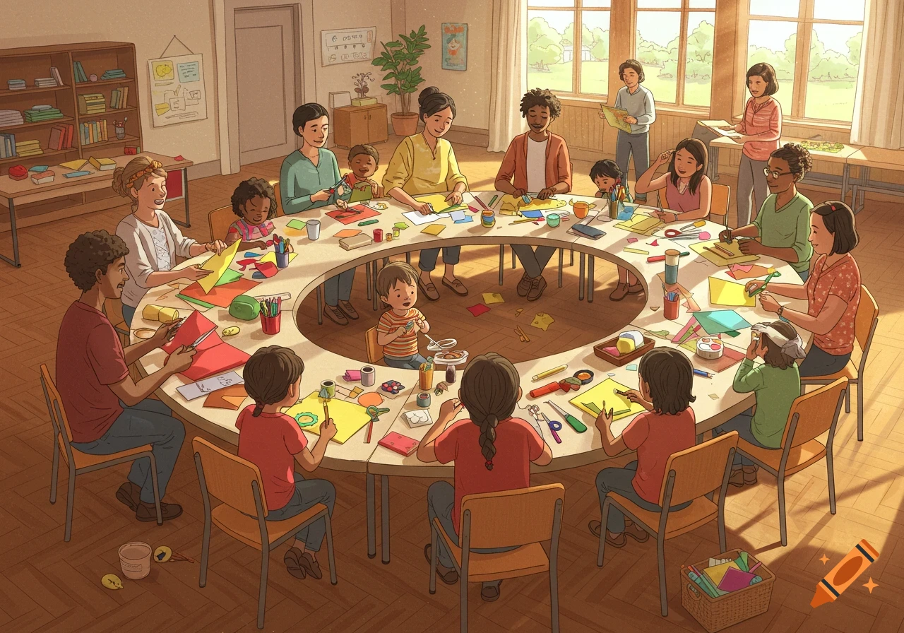 A diverse group of adults and children happily engage in a colorful crafting activity around a large, crescent-shaped table in a bright room with large windows.