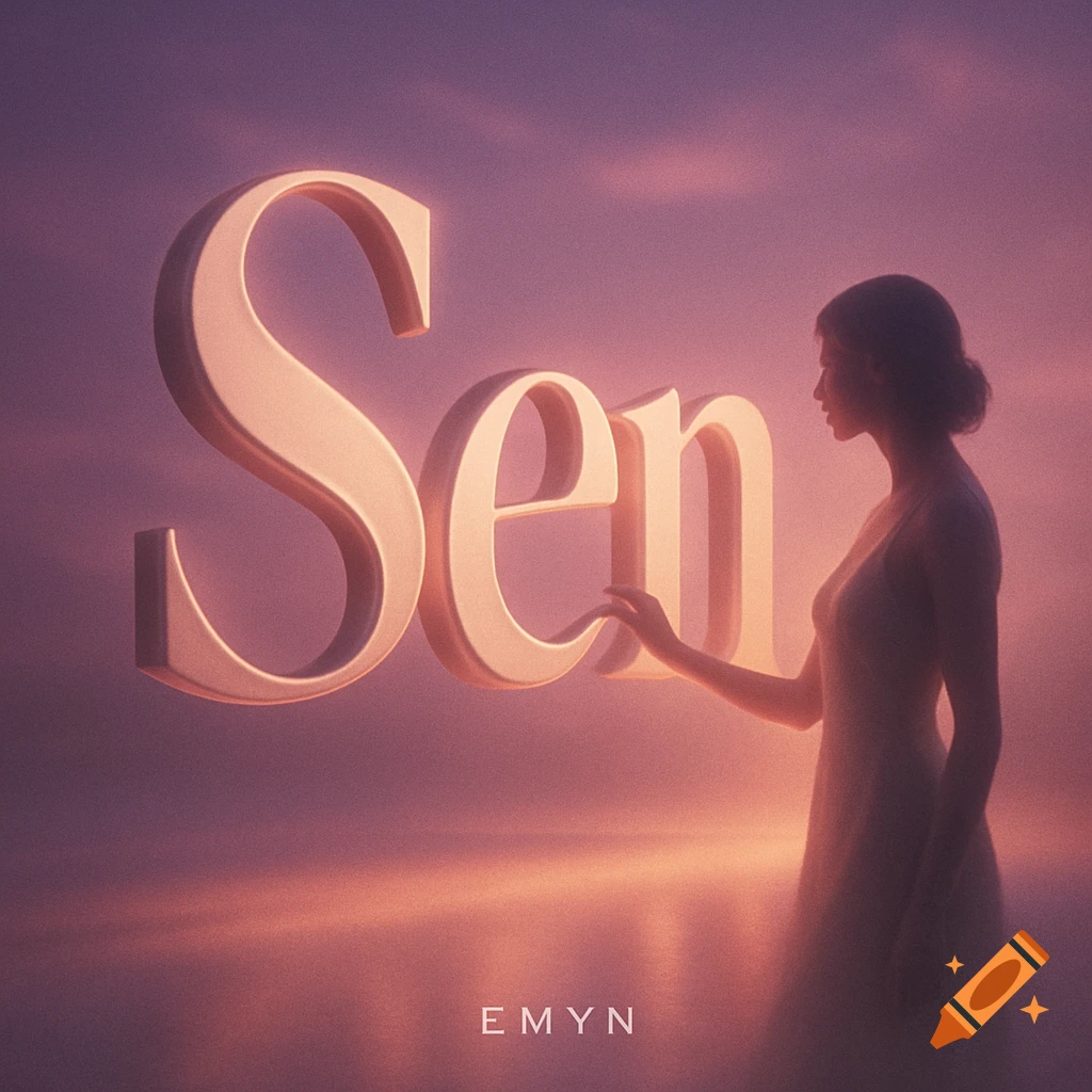 Golden 3D text 'Sen' with a female silhouette touching it against a pink and purple dreamy sky, 'EMYN' at the bottom.