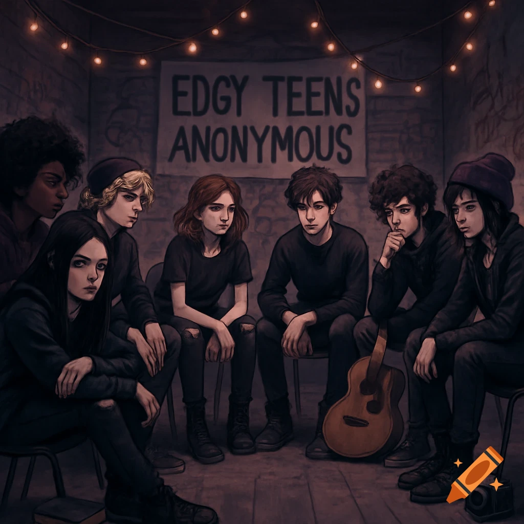 Seven moody teenagers sit in a circle under string lights, a banner reading 'EDGY TEENS ANONYMOUS' behind them, an acoustic guitar on the floor.