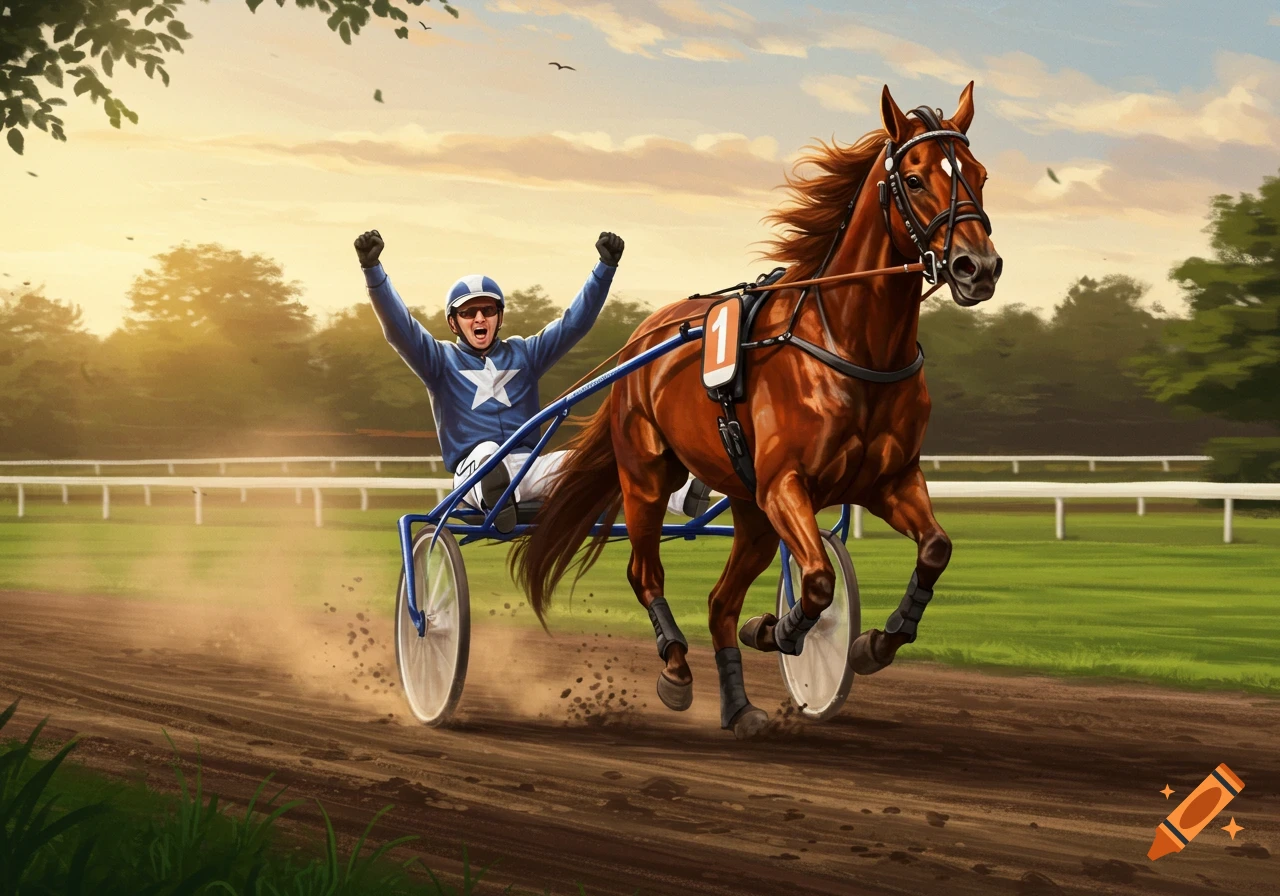 Harness racer in blue and white cheers from a sulky pulled by a horse on a dirt track at sunset, illustration.
