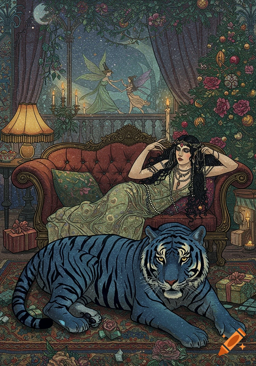 A stylized fantasy illustration with a woman reclining on a red sofa, a blue tiger in the foreground, and fairies dancing outside a window with a Christmas tree.