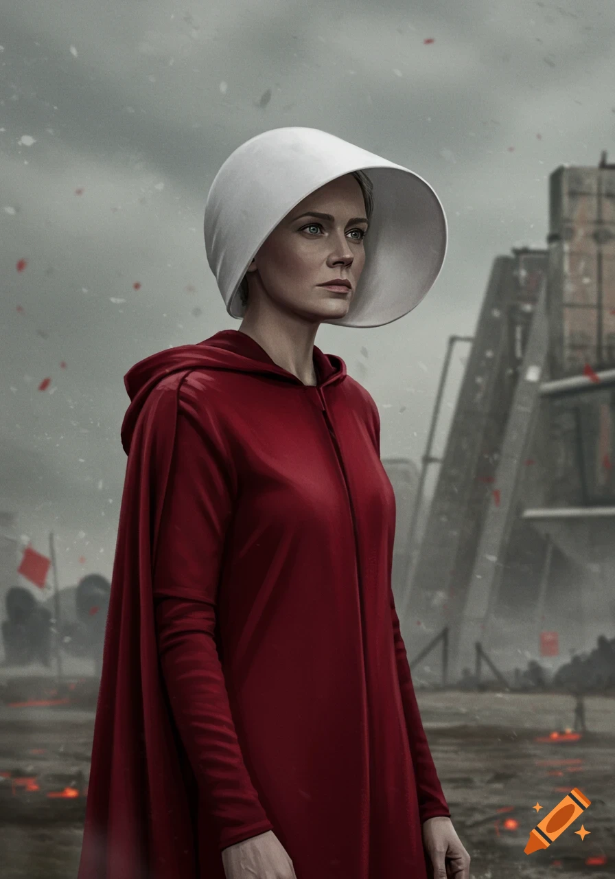 A determined woman in a red cloak and white bonnet, resembling June Osborne, looks right in a bleak, dystopian landscape.