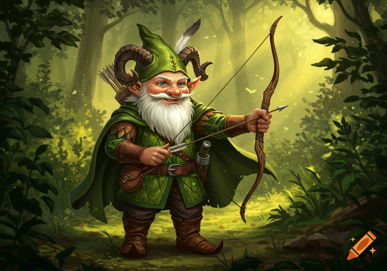 A smiling gnome ranger in a green outfit with ram horns and a feathered cap, holding a bow and arrow in a sunlit forest.