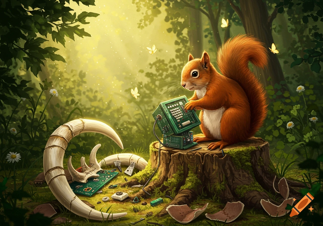 A detailed illustration of a squirrel working on a small green computer ...