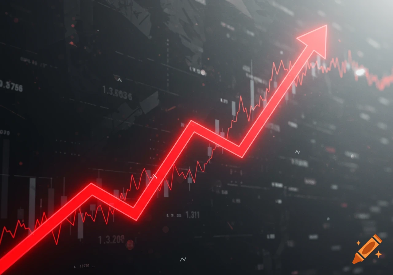 A glowing red upward trend line over a dark financial graph with data points and numbers.