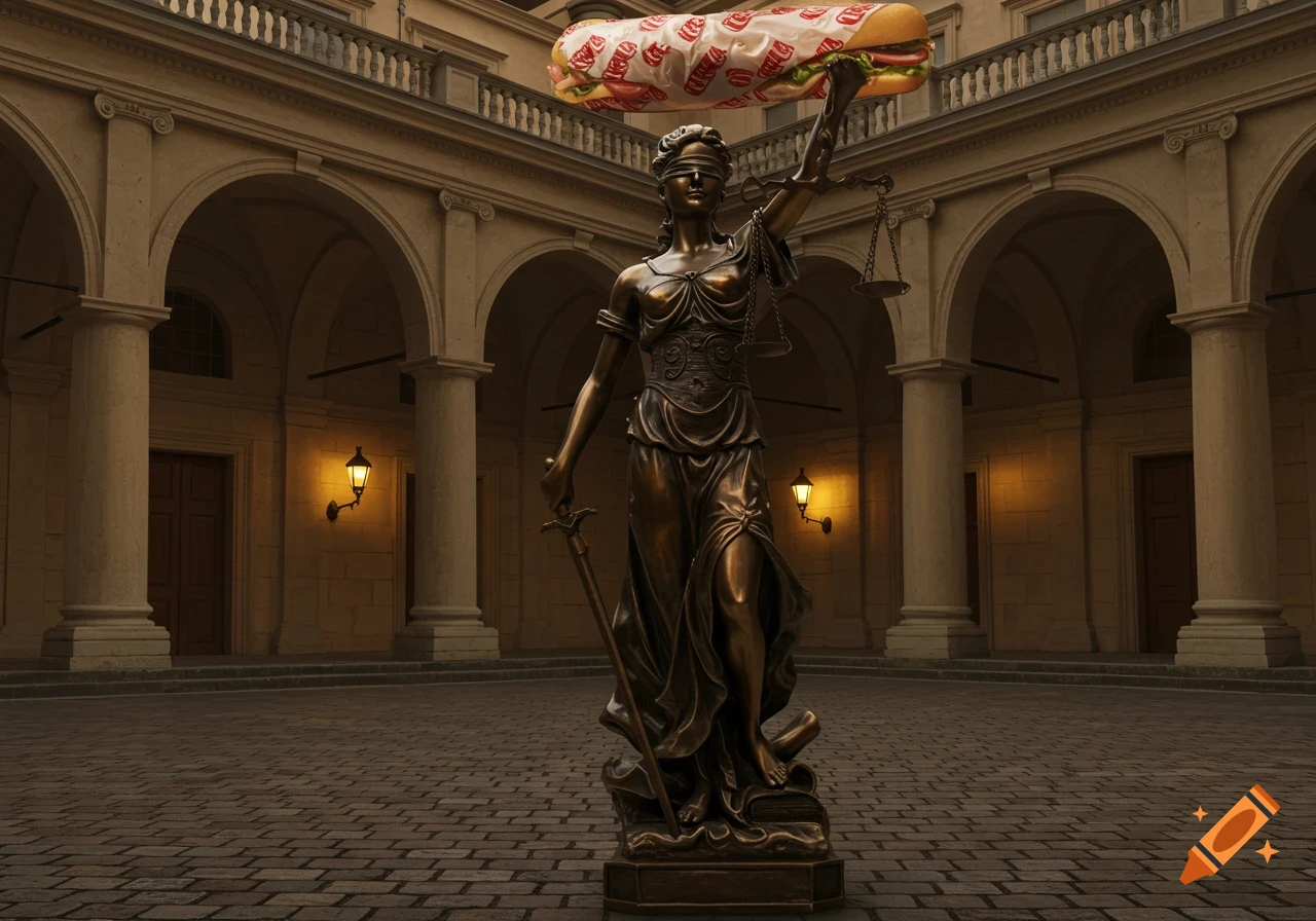 A bronze statue of Lady Justice in an ornate courtyard holds the scales of justice in one hand and a large wrapped submarine sandwich aloft in the other, instead of a sword.