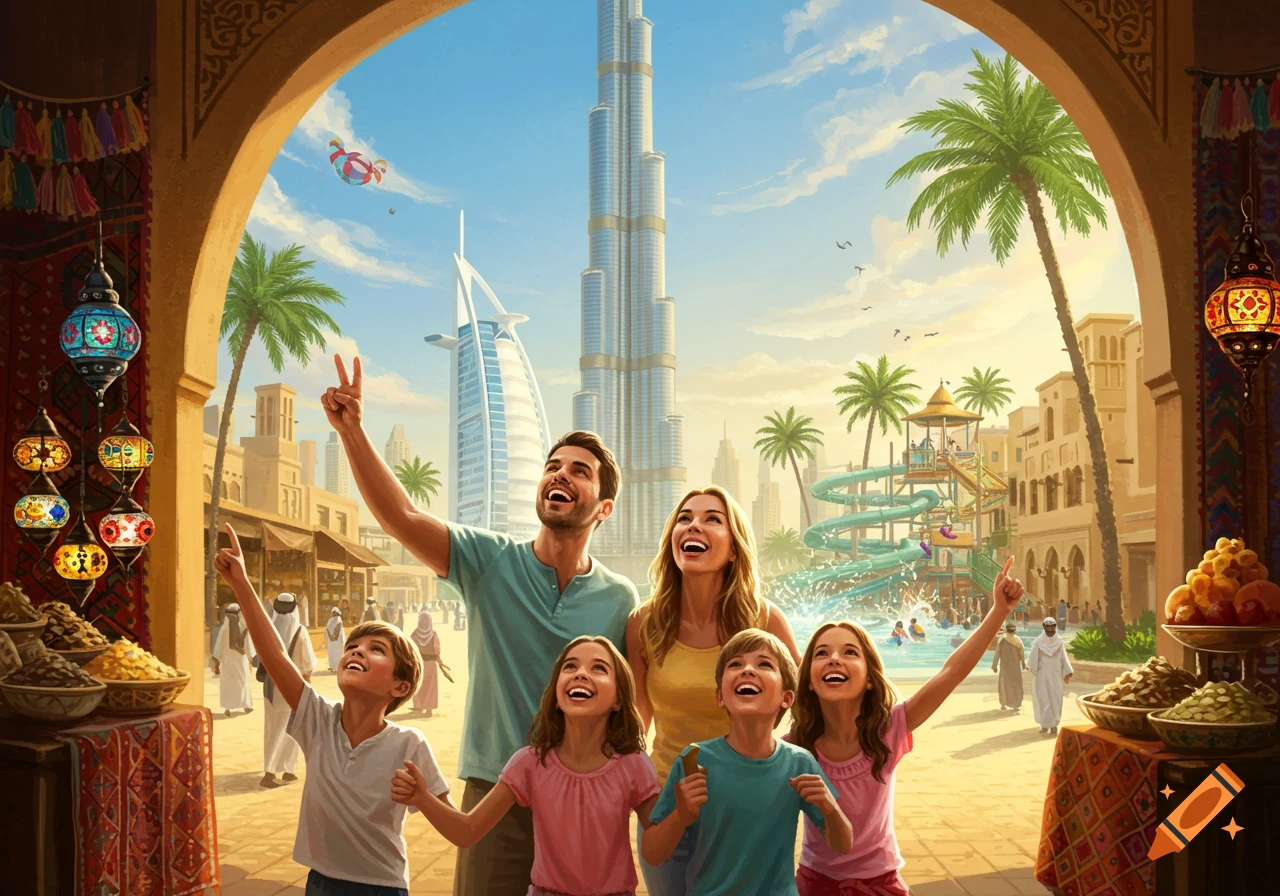 Happy family of five enjoying a vibrant Dubai cityscape with Burj Khalifa, Burj Al Arab, and a water park, viewed through a market arch.