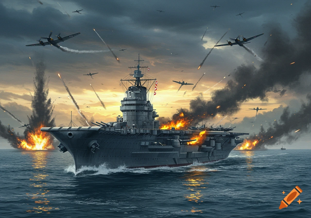 A large aircraft carrier, burning and under attack by warplanes, sails through a stormy sea with explosions all around.