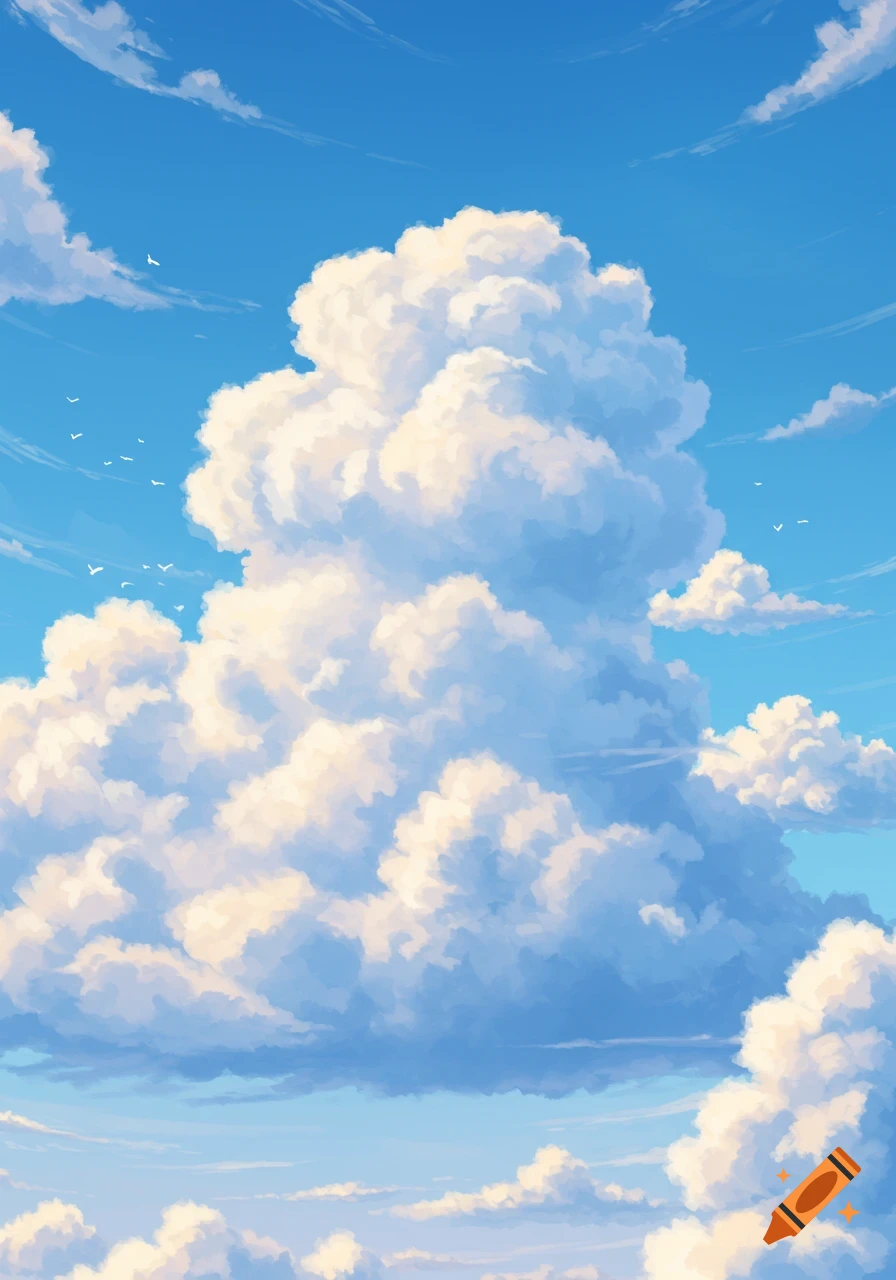 A vibrant blue sky filled with large, fluffy white cumulus clouds, with small white birds flying in the distance.