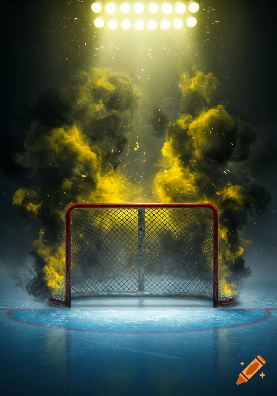 A hockey goal net on an ice rink under bright spotlights, surrounded by black and yellow smoke with sparks.