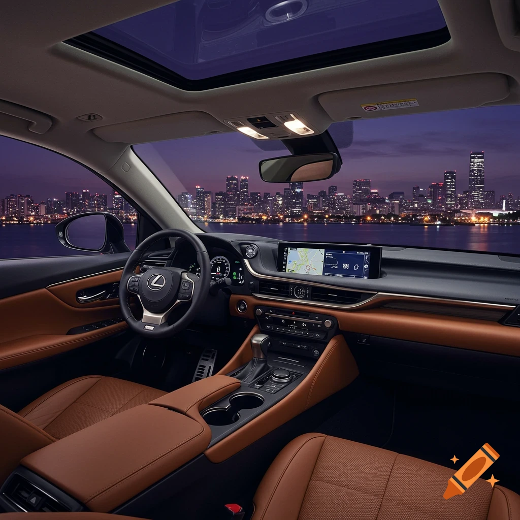 Interior view of a luxurious Lexus car with tan leather seats, a sunroof, and a vibrant city skyline at dusk visible through the windows.