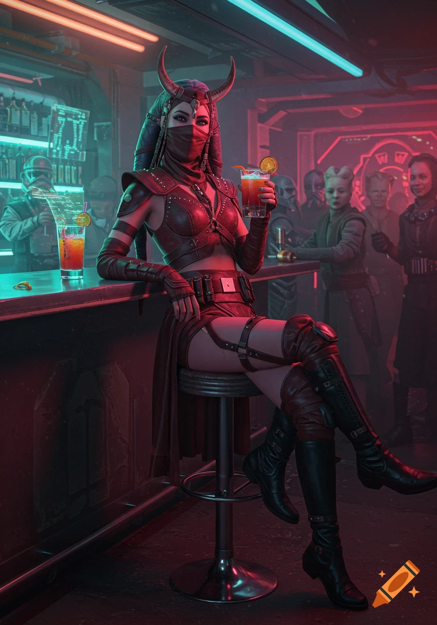 A woman in a horned headdress and leather outfit with a face mask sits at a futuristic bar, holding a cocktail.