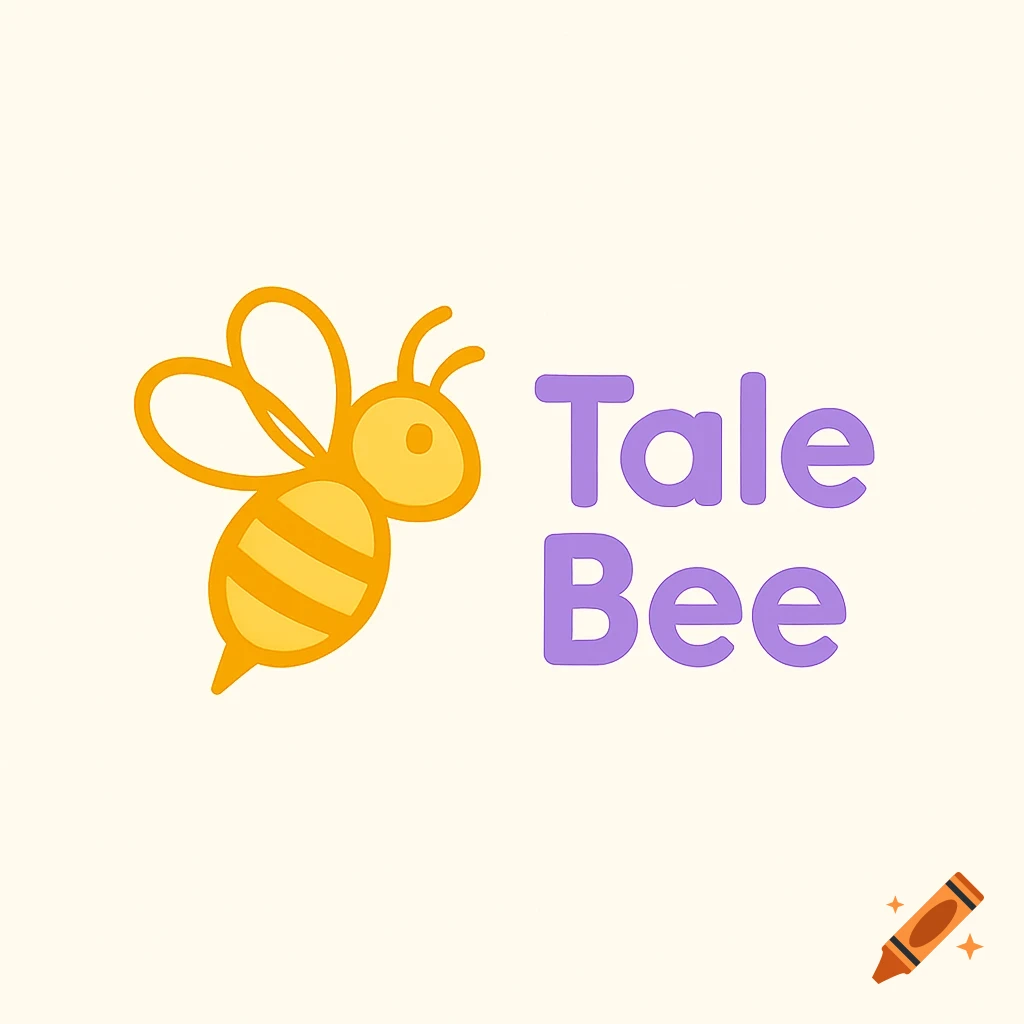 A minimalist cartoon bee logo in honey yellow and white next to purple text that reads 'Tale Bee' on a cream background.