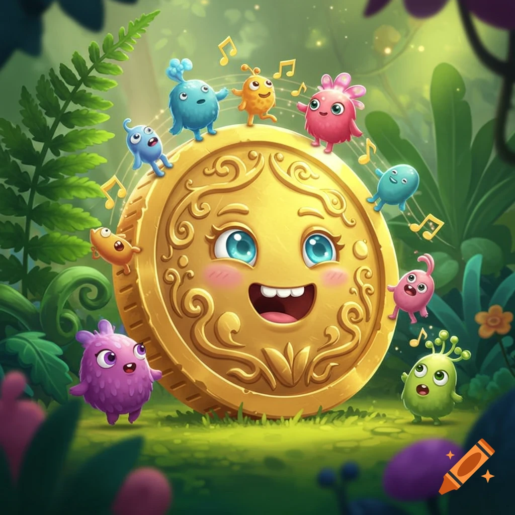A cheerful golden coin with a smiling face is surrounded by colorful, cartoon monsters and musical notes in a lush green jungle.