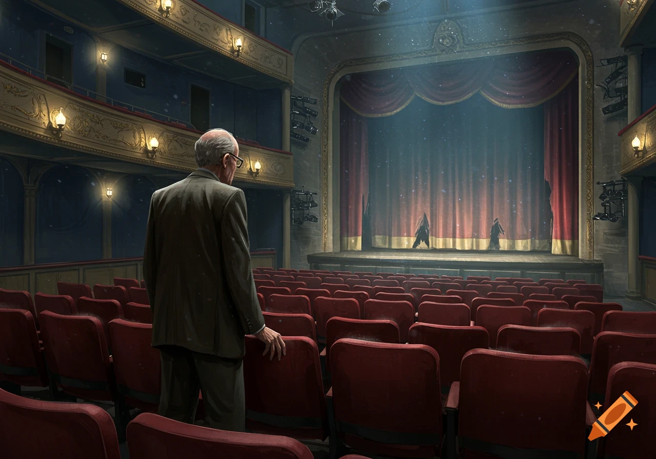 An old man in a suit stands in an empty, ornate theater, looking at the spotlighted stage with red curtains.