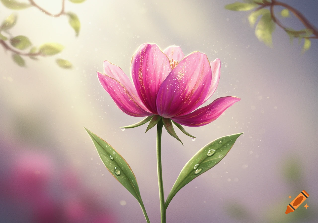 A vibrant pink flower with sparkling petals and dewdrops on its leaves, bathed in soft, glowing light.
