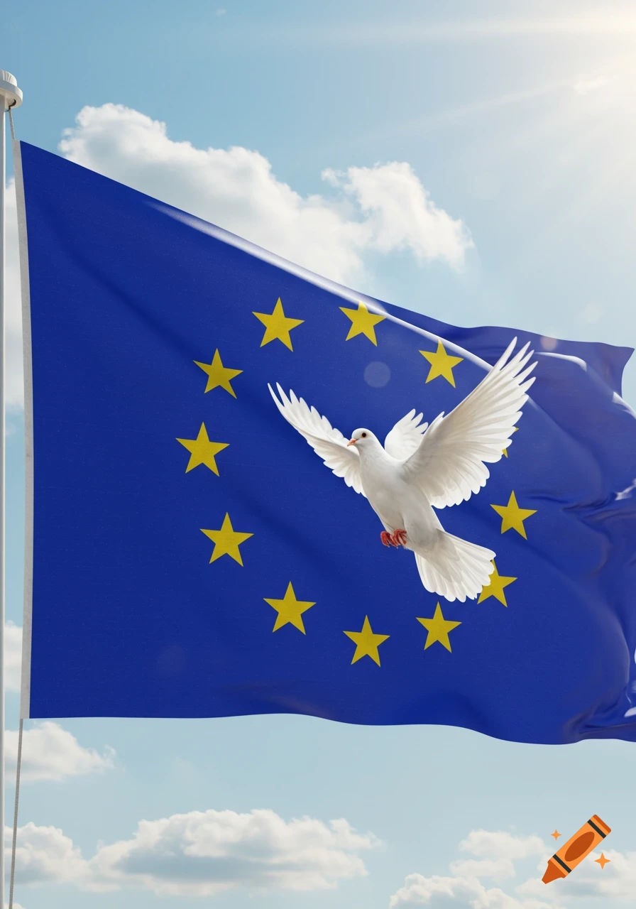 A photorealistic European Union flag waves under a bright blue sky, with a white dove flying in front.