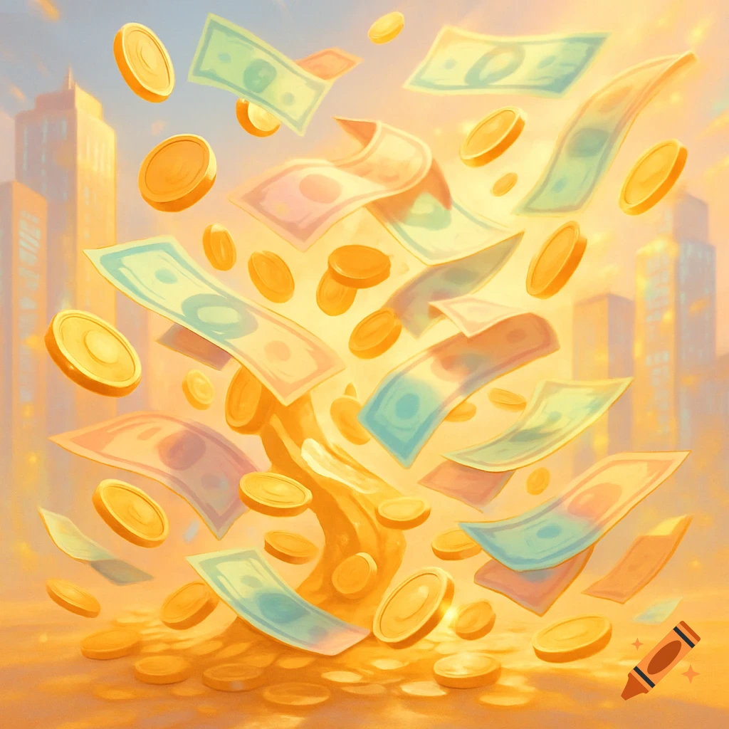 Gold coins and colorful banknotes float against a cityscape bathed in a golden light.
