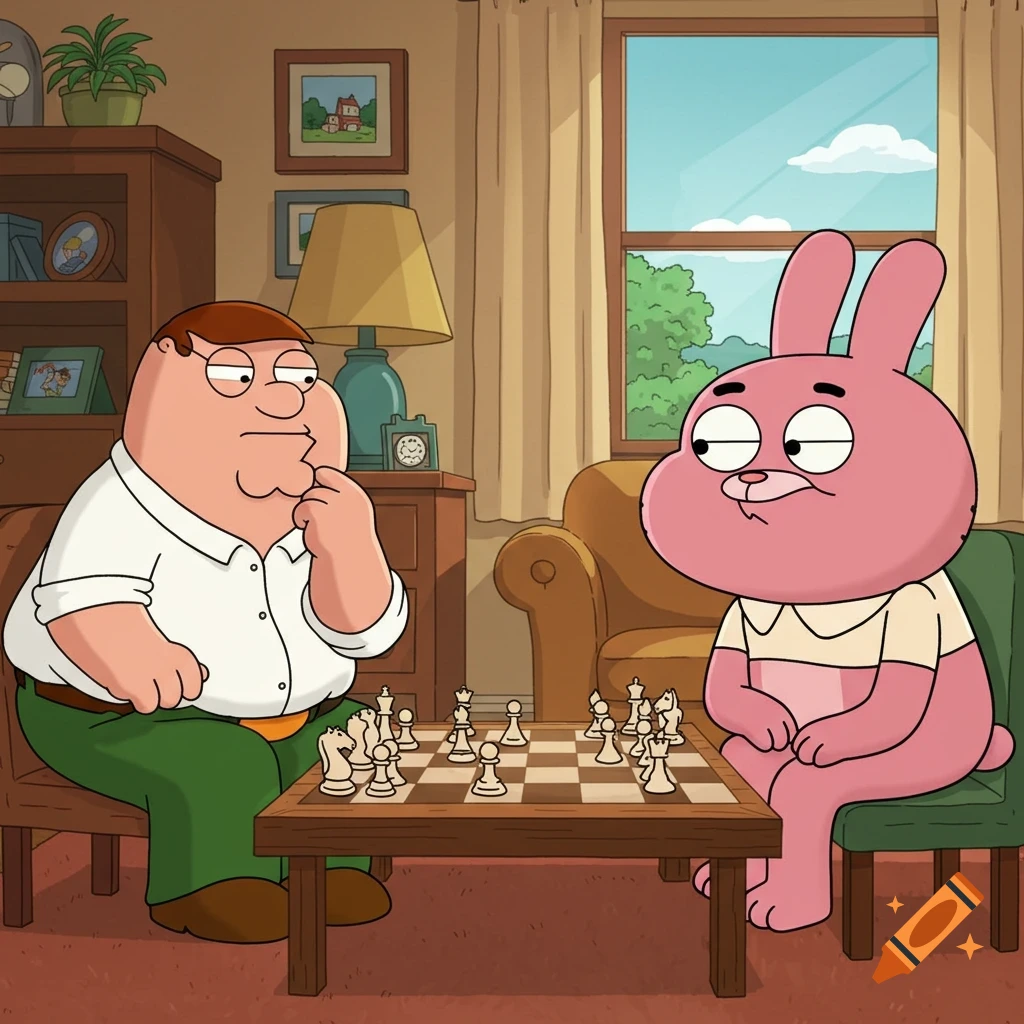 Cartoon still of Peter Griffin and Richard Watterson playing chess in a living room, both appearing to be in deep thought.