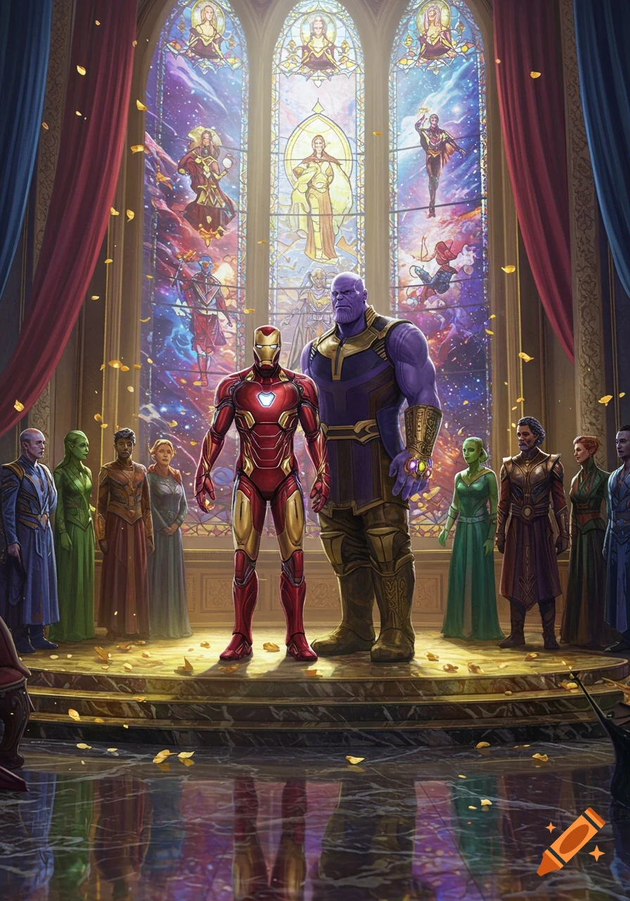 Iron Man and Thanos stand on a platform in a grand hall with elaborate stained-glass windows depicting various characters, as golden petals fall.