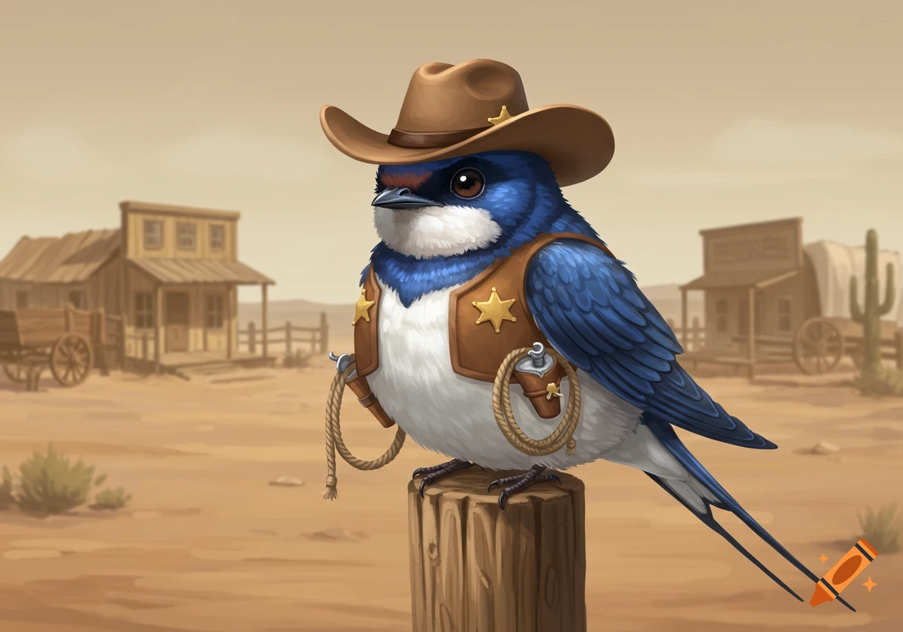 A plump, blue and white bird in a cowboy hat, vest, and holsters stands on a wooden post in a cartoon Wild West town.