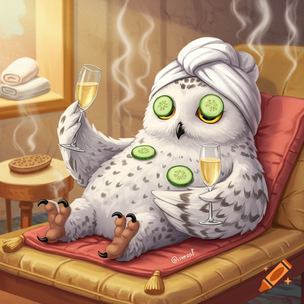 A cartoon snowy owl with a white towel on its head and cucumber slices on its eyes, relaxing on a chaise lounge with two glasses of sparkling wine.