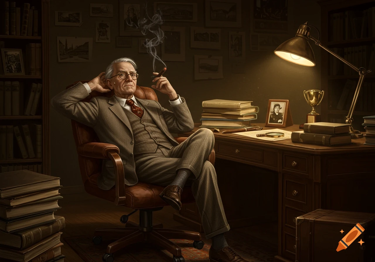 A thoughtful, grey-haired man in a suit sits in a leather chair at a desk, smoking a cigar in a dimly lit study.