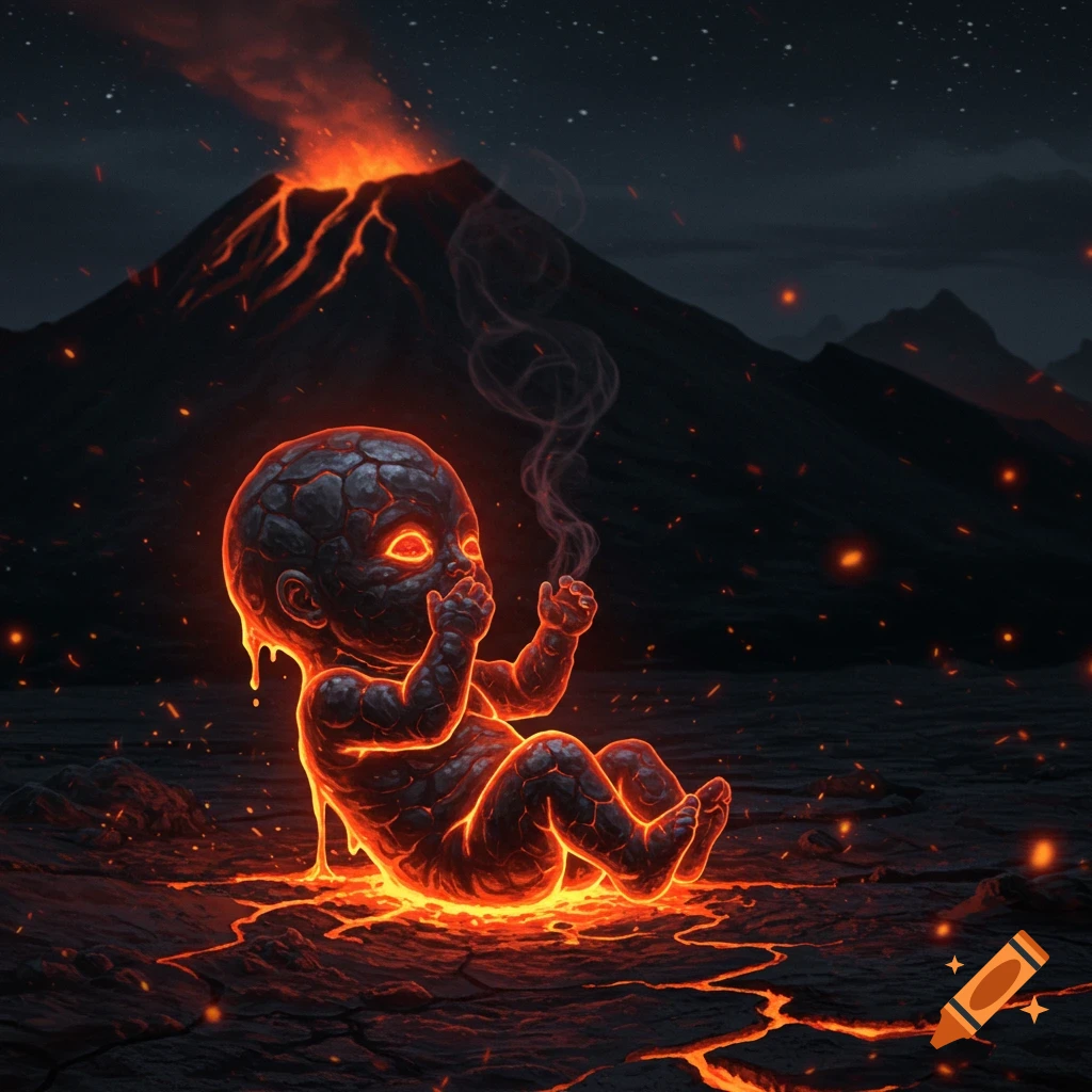 A fantasy baby-like creature made of glowing lava and cracked rock sits on a dark landscape with an erupting volcano under a starry night sky.