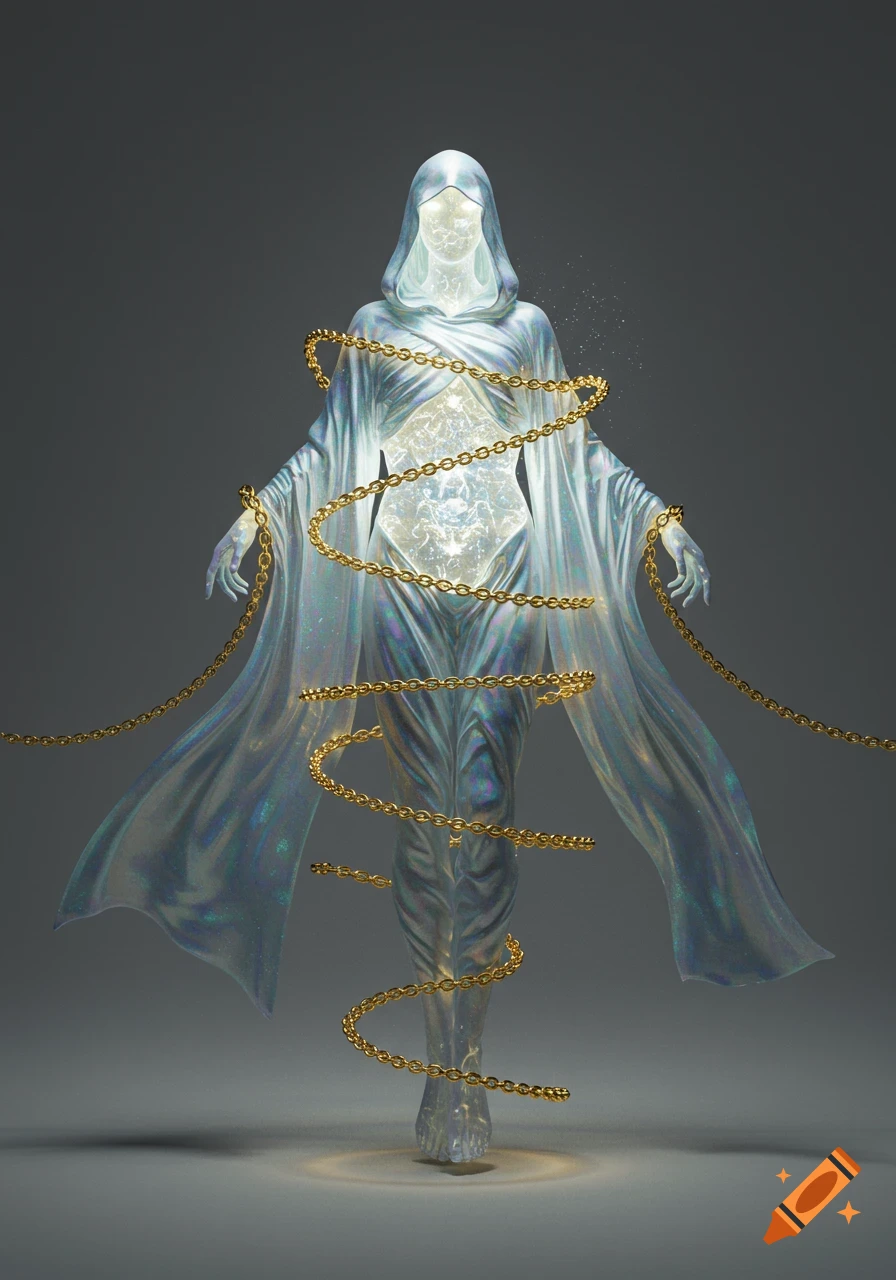 A tall, slim, hooded figure made of glowing ethereal material wrapped in golden chains, standing in a grey void.