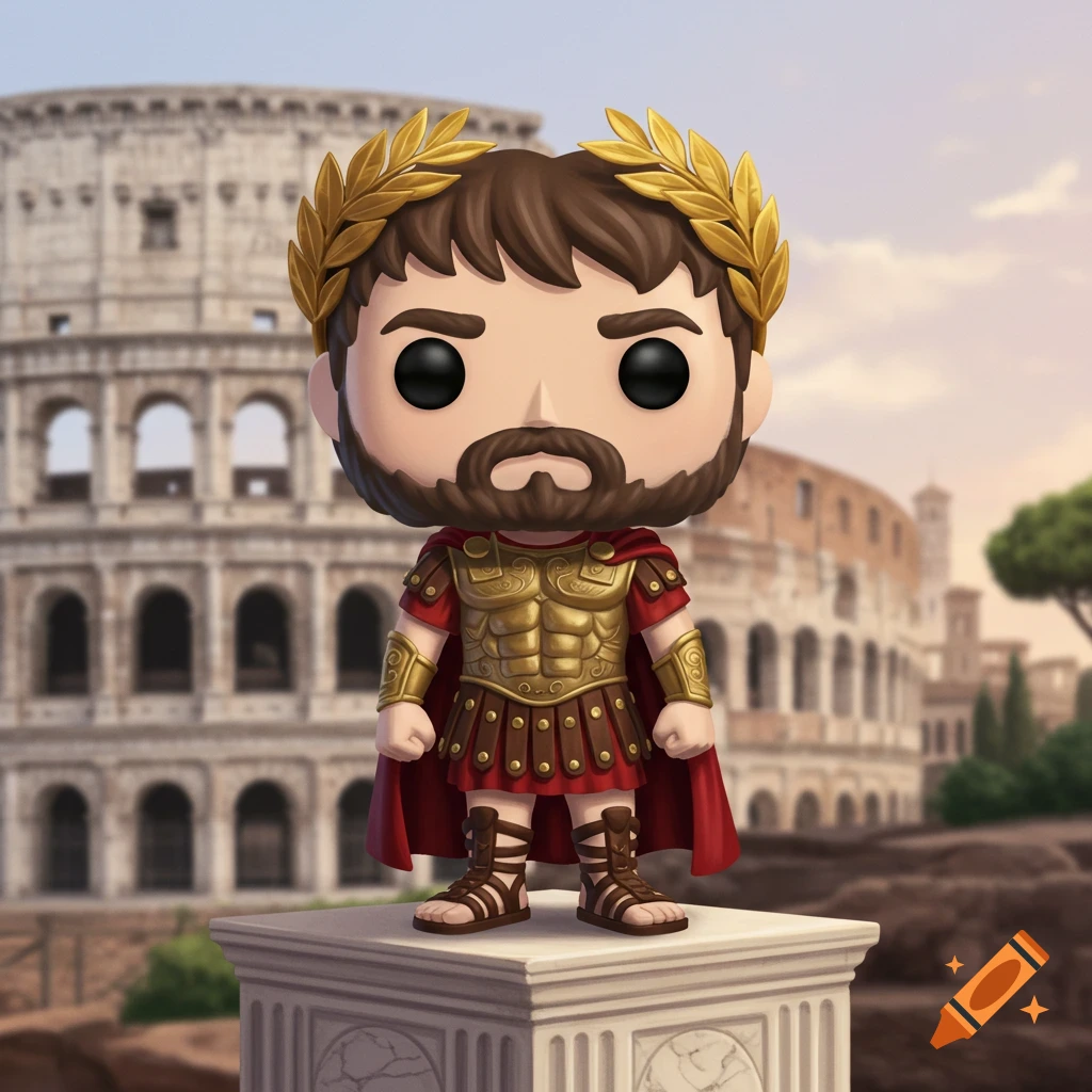 A stylized Funko Pop figure of a bearded Roman emperor in golden armor, red cape, and laurel wreath, stands on a pedestal with the Colosseum in the background.