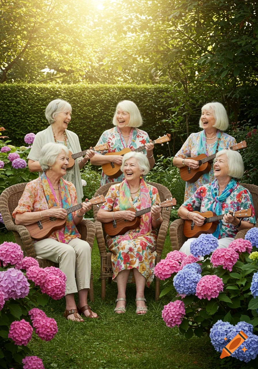 Six smiling older women with white hair happily play ukuleles in a sunny, lush garden filled with pink and blue hydrangeas.