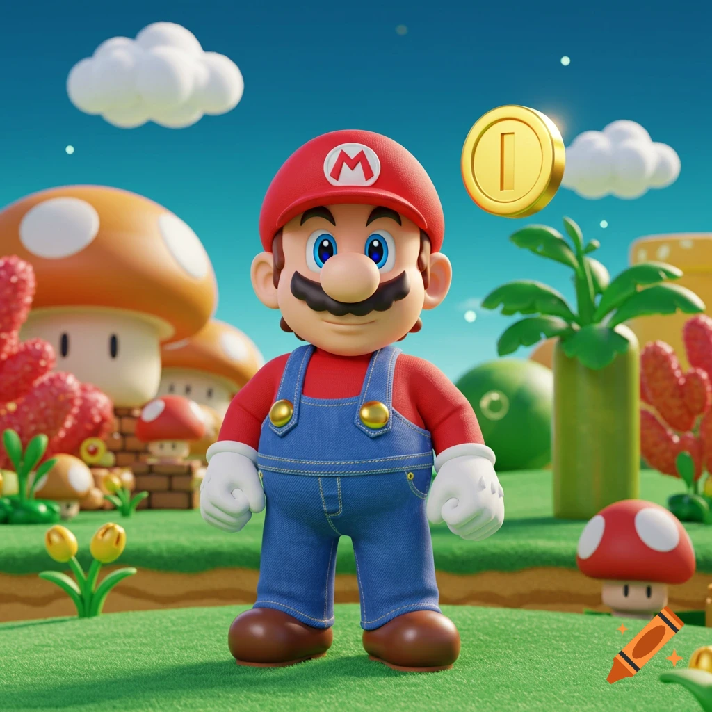 A 3D rendered Super Mario stands in a vibrant video game world with mushrooms, plants, and a floating gold coin.