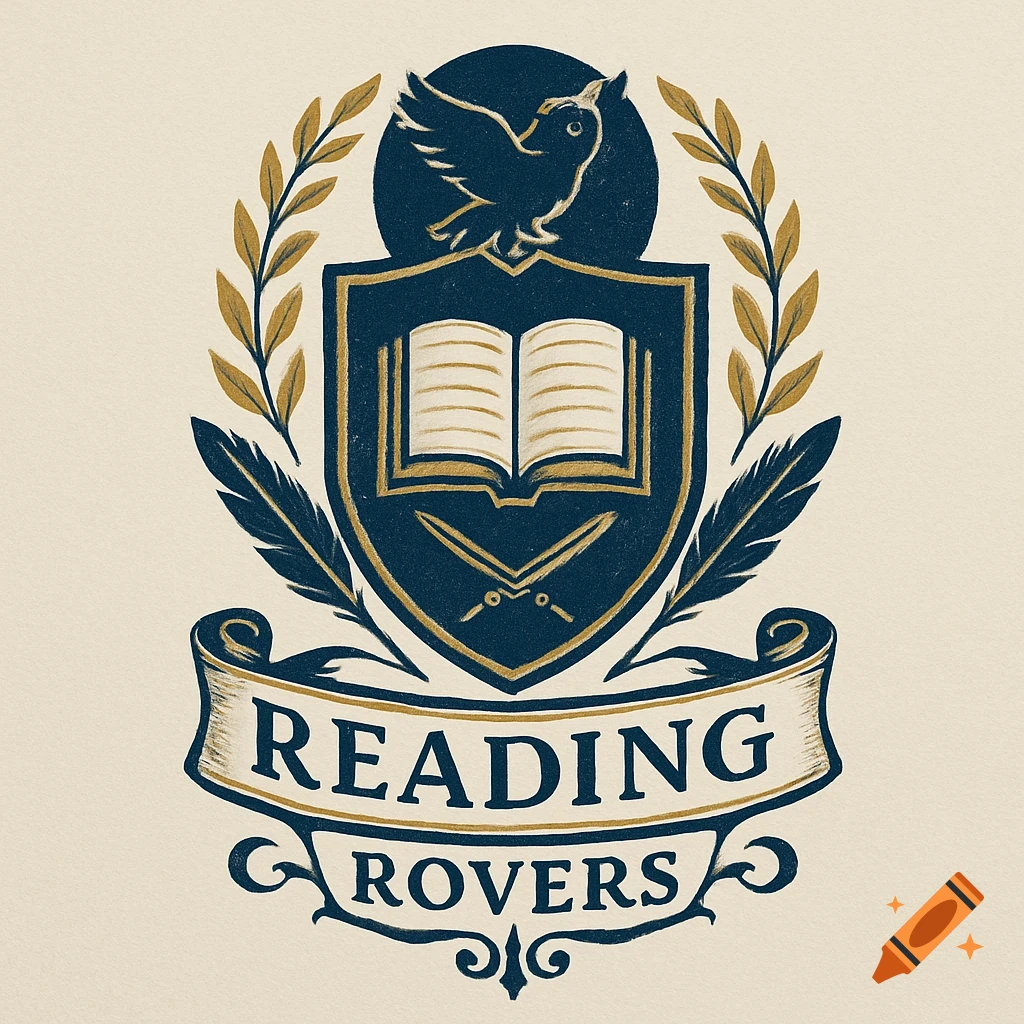 Vintage-style university logo with a shield, open book, bird, quills, and "READING ROVERS" text on a banner in blue and gold.