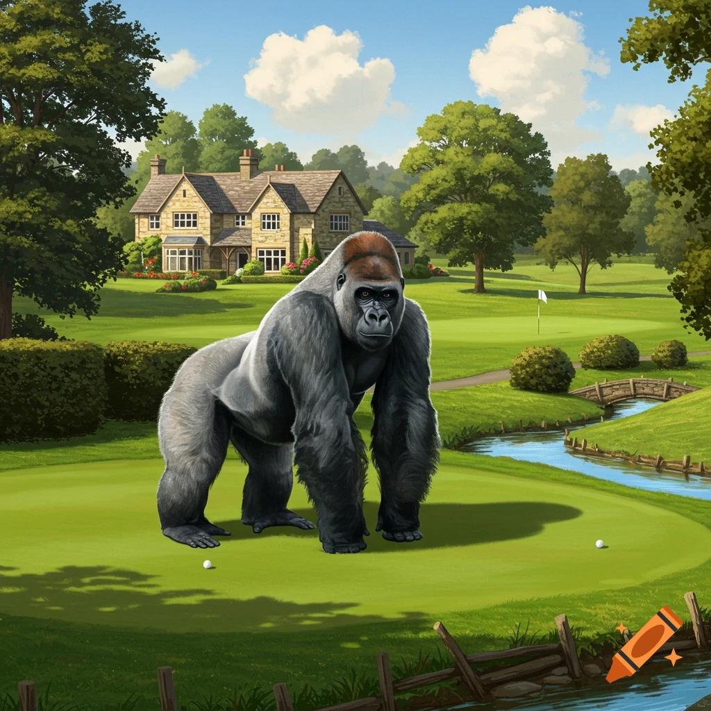 An illustrative image of a large silverback gorilla standing on a green golf course with a manor house, trees, and a stream in the background.