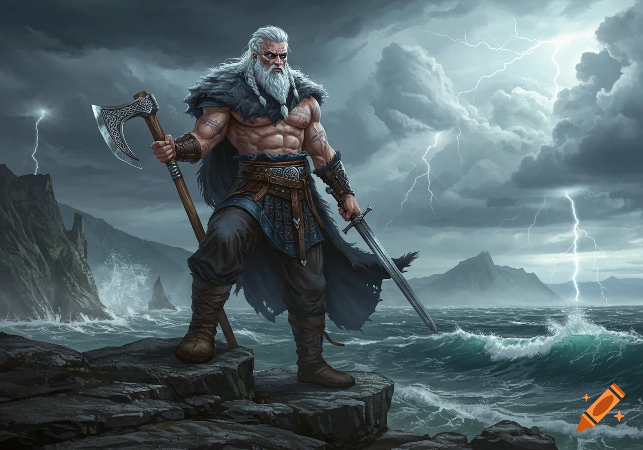A muscular white-haired Viking warrior with an axe and sword stands on a cliff overlooking a stormy sea with lightning.