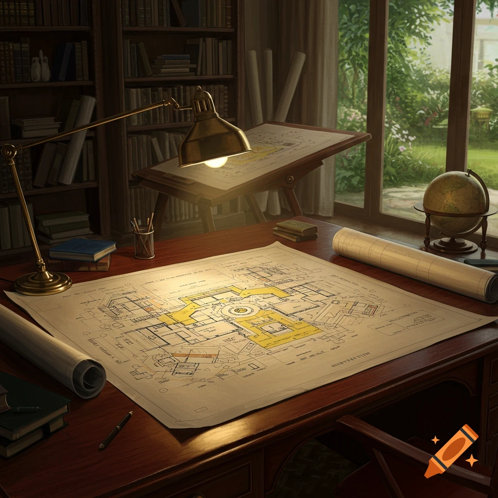A detailed view of an architect's desk with a large illuminated blueprint, drafting table, books, and a window overlooking a garden.