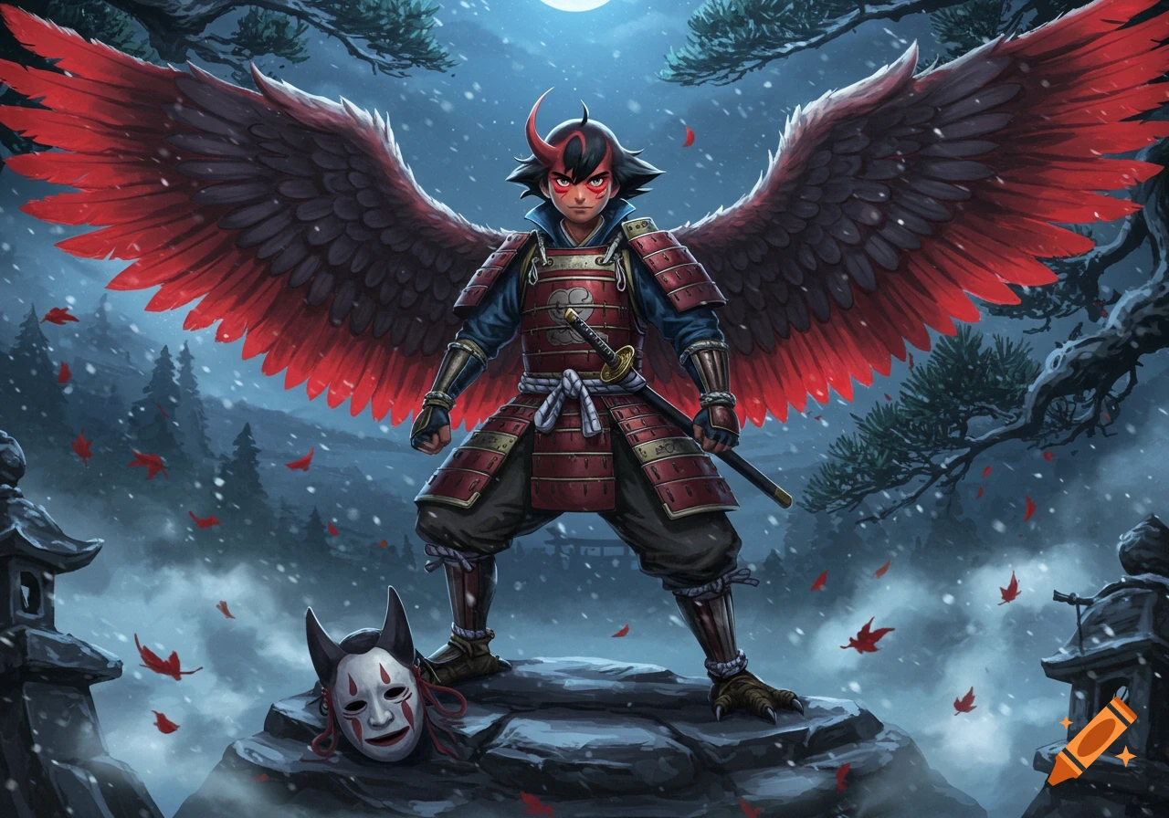 An anime-style Ash Ketchum tengu hybrid in red samurai armor with large red wings stands on a snowy rock, a white mask at his feet, in a moonlit forest.