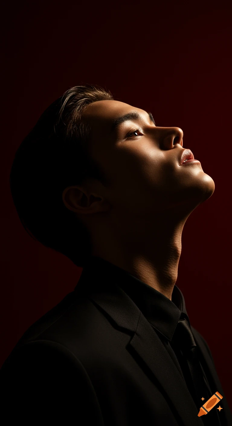 A man in a black suit and tie, dramatically lit, looks upward against a deep red background.
