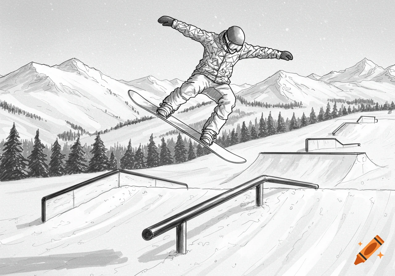 Black and white sketch of a snowboarder in mid-air over a rail in a snowy terrain park with mountains.
