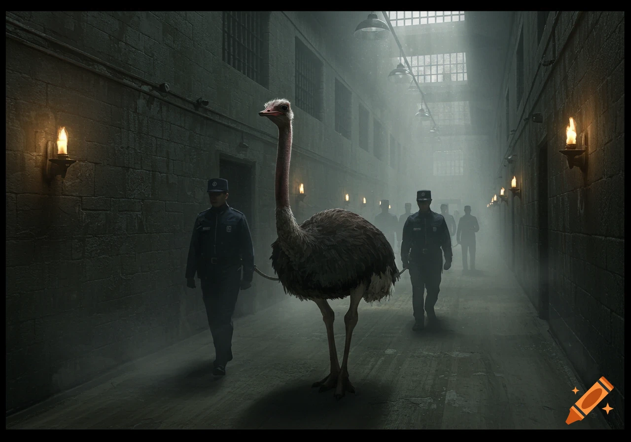 An ostrich is led by two guards through a misty, torch-lit prison hallway in a dramatic, cinematic style.
