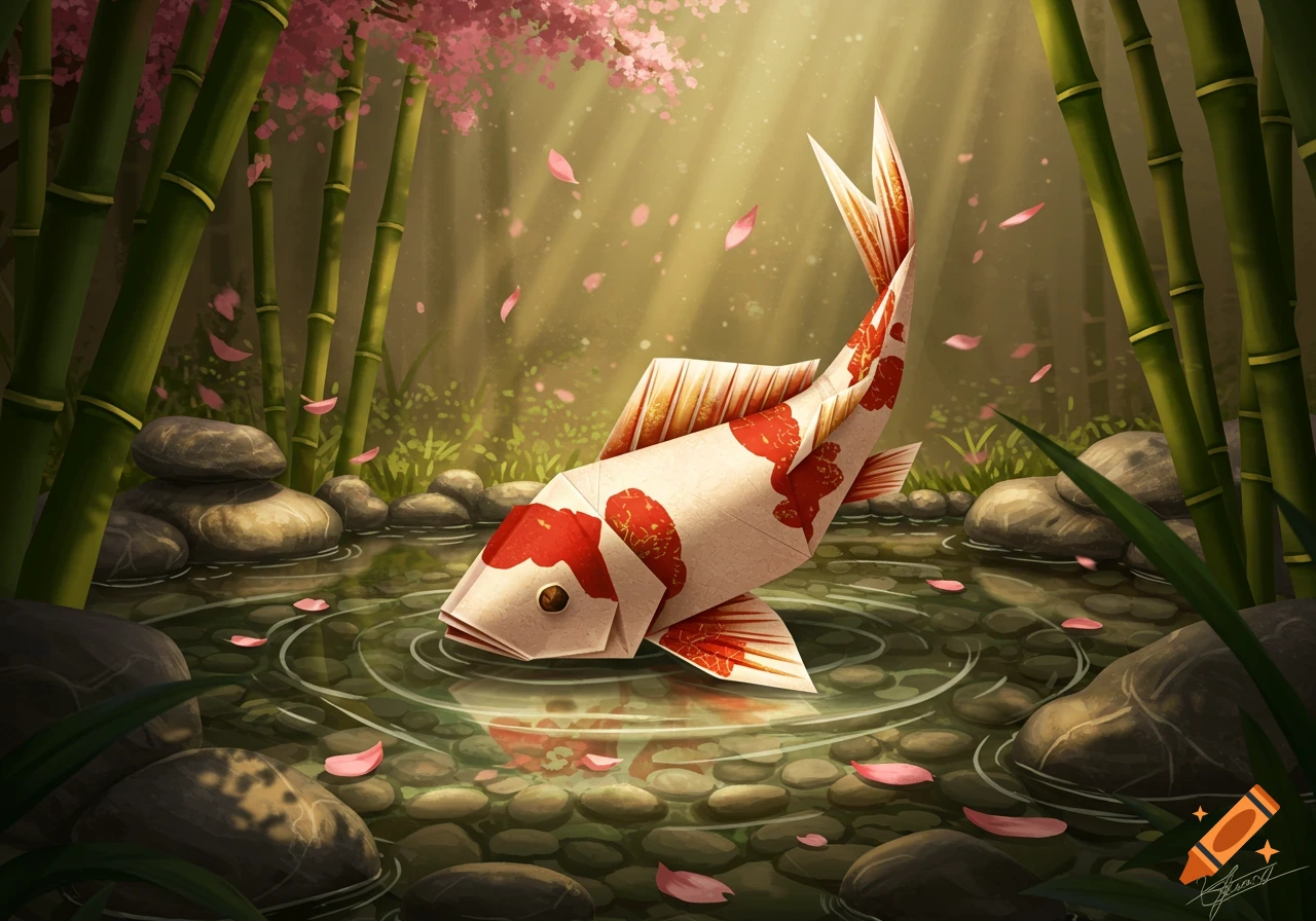 An origami koi fish with red markings in a pond with bamboo, falling pink cherry blossoms, and sun rays.