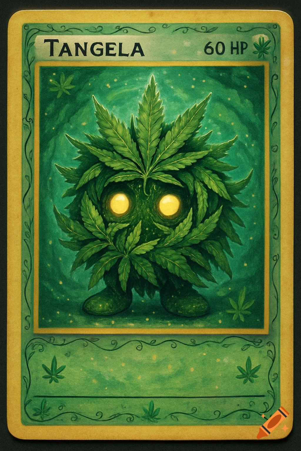 A green, leafy creature with glowing yellow eyes, resembling a Tangela made of marijuana leaves, depicted on a Pokemon card with 'TANGELA 60 HP' text.