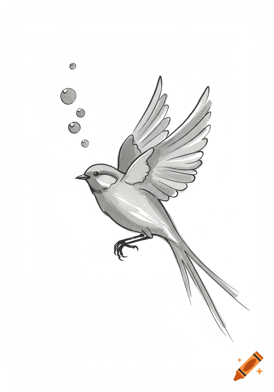 A minimalist grayscale illustration of a bird with widespread wings and a long tail, with several bubbles floating above its head.