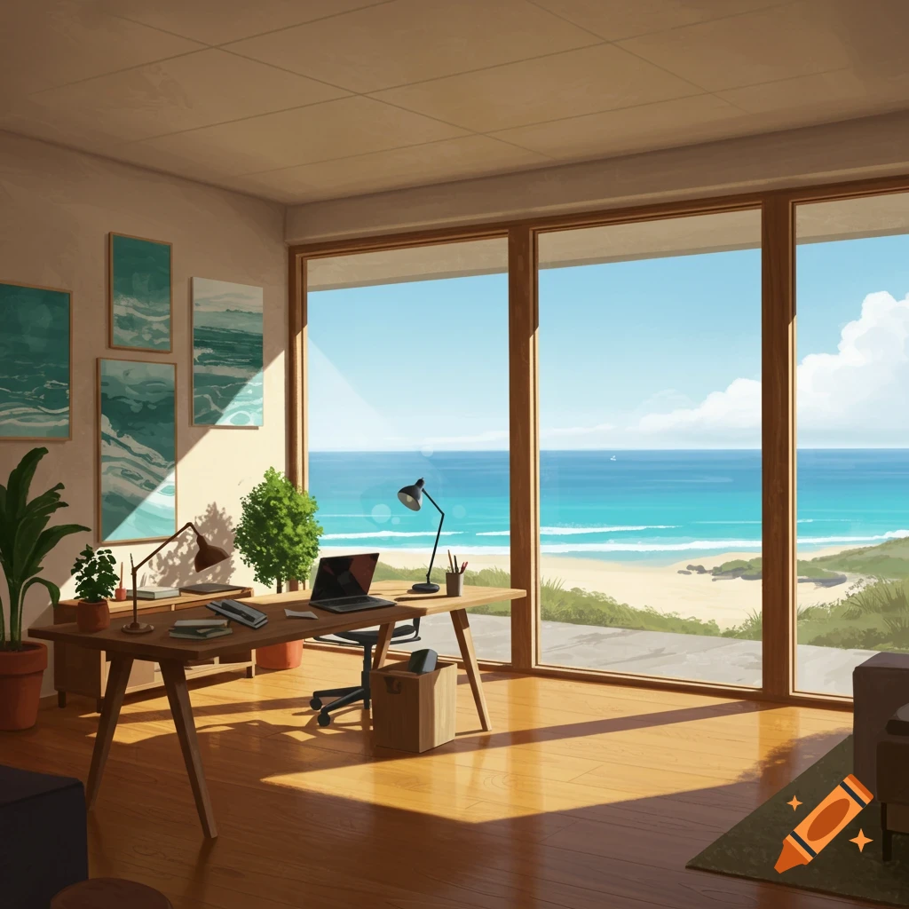 A bright office room with a wooden desk, laptop, and plants, overlooking a sunny beach and ocean through large windows. Illustrative style.